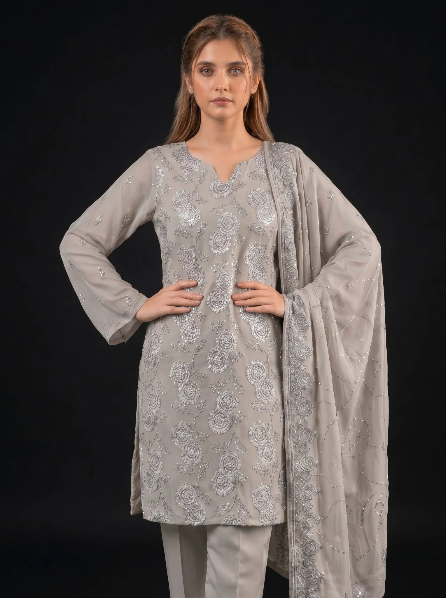 Chiffon Suit 3 Piece Unstitched Embroidered – AJC-S2140